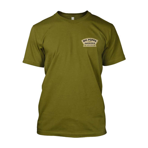 Front view of a green T-shirt with a small 'Big Poppa Smokers' logo on the chest.
