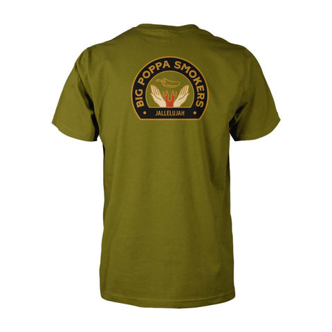 Back view of a green T-shirt featuring a large 'Big Poppa Smokers Jallelujah' logo with a design of hands holding a chili pepper over flames.