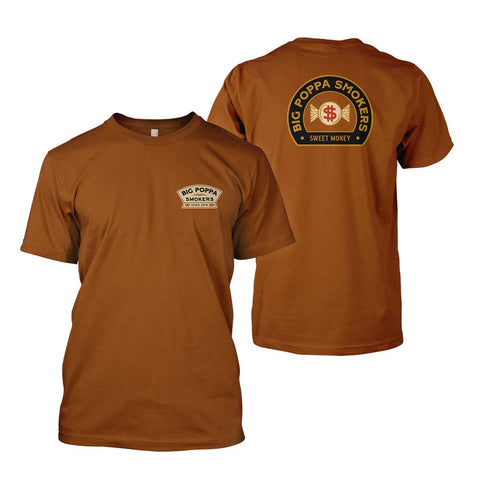 A caramel-colored t-shirt featuring the Big Poppa Smokers logo. The front left chest displays a small logo, while the back is dominated by a larger, circular logo with the text "Big Poppa Smokers" and "Sweet Money" surrounding a winged dollar sign, all set on a solid caramel background.