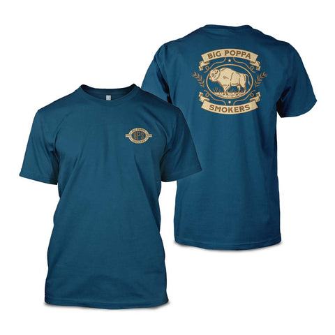 A turquoise t-shirt with the Big Poppa Smokers logo embroidered on the left chest. The logo features a circular emblem with 'BPS' in the center.