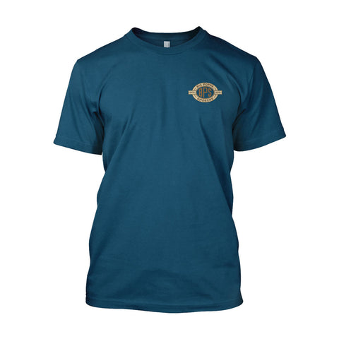 Teal t-shirt displaying a small chest logo of Big Poppa Smokers in gold on the left side.