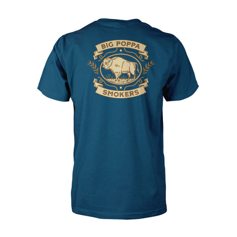 Back view of a turquoise t-shirt featuring a large golden Big Poppa Smokers logo. The logo includes an illustration of a buffalo surrounded by wheat and a decorative banner stating 'Big Poppa Smokers'.