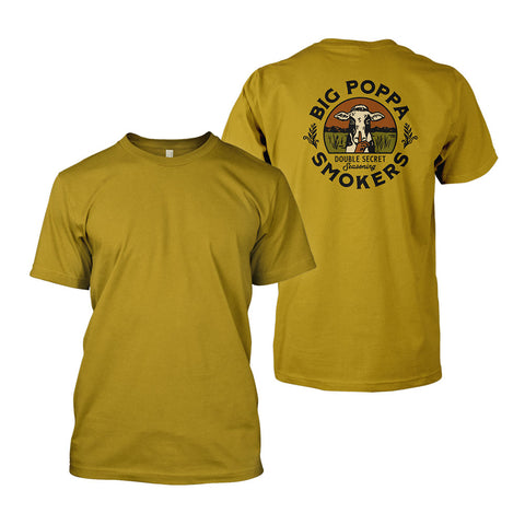 Front view of a plain yellow T-shirt and Back view of a yellow T-shirt featuring a large circular logo with 'Big Poppa Smokers' and 'Double Secret Seasoning' surrounding a graphic of a steer head, set against a field scene."