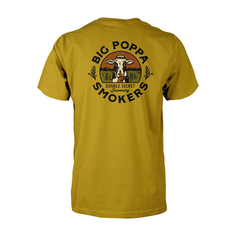 Back view of a yellow T-shirt featuring a large circular logo with 'Big Poppa Smokers' and 'Double Secret Seasoning' surrounding a graphic of a steer head, set against a field scene.