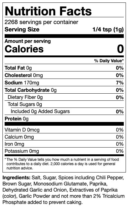 A nutrition facts label for EAT Barbecue "The Most Powerful Stuff" BBQ rub.