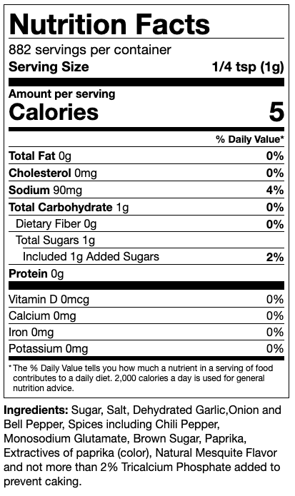 Nutrition Facts label for EAT Barbecue Zero to Hero sweet rub, showing that a serving size is 1/4 teaspoon (1g), with 5 calories per serving. The ingredients list includes sugar, salt, dehydrated garlic, onion and bell pepper, spices including chili pepper, monosodium glutamate, brown sugar, paprika, extractives of paprika (color), natural mesquite flavor, and not more than 2% tricalcium phosphate added to prevent caking.