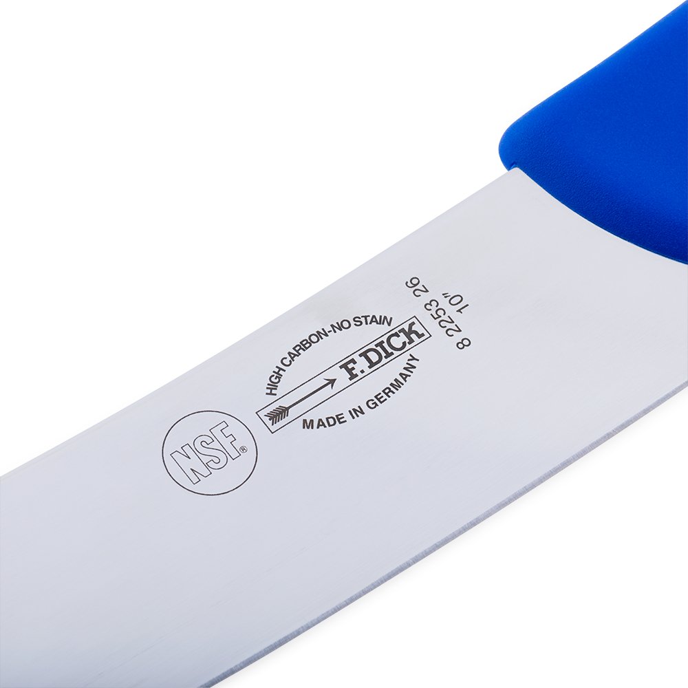 Close-up of the F. Dick 10" Cimeter Knife - Ergogrip, featuring a long, curved blade and ergonomic blue handle designed for comfortable, precise cutting. 