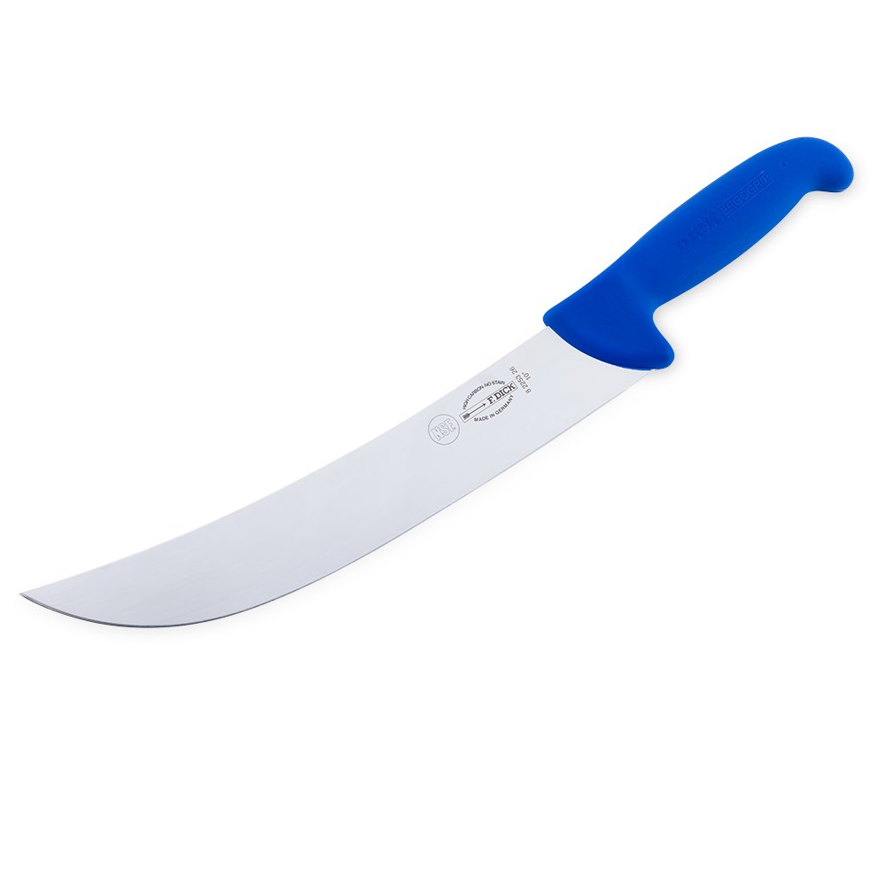 Close-up of the F. Dick 10" Cimeter Knife - Ergogrip, featuring a long, curved blade and ergonomic blue handle designed for comfortable, precise cutting. 