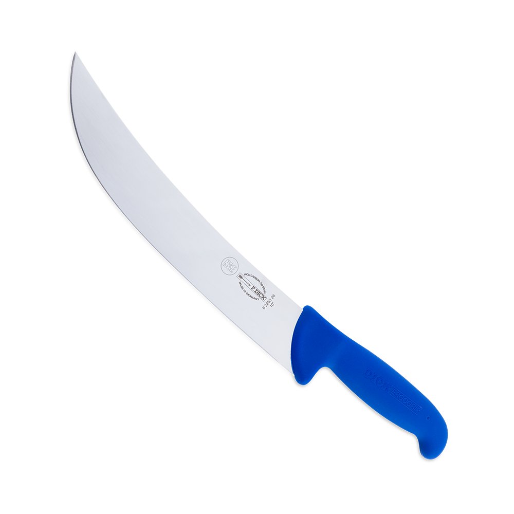 Close-up of the F. Dick 10" Cimeter Knife - Ergogrip, featuring a long, curved blade and ergonomic blue handle designed for comfortable, precise cutting. 