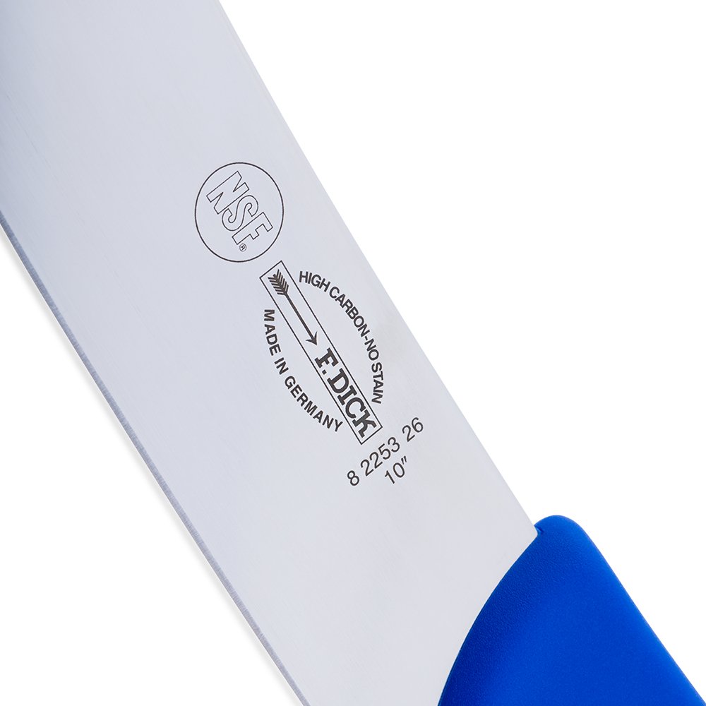 Close-up of the F. Dick 10" Cimeter Knife - Ergogrip, featuring a long, curved blade and ergonomic blue handle designed for comfortable, precise cutting.