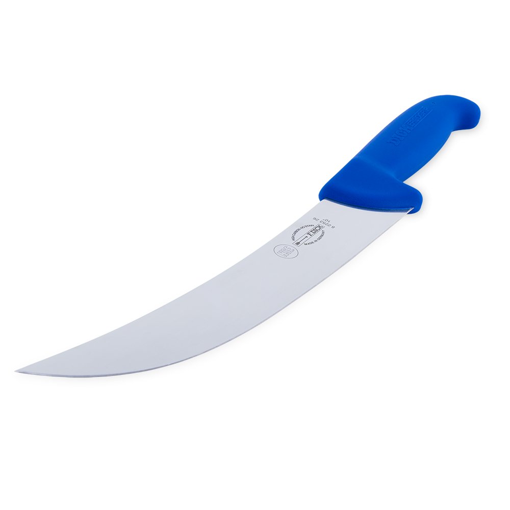 Close-up of the F. Dick 10" Cimeter Knife - Ergogrip, featuring a long, curved blade and ergonomic blue handle designed for comfortable, precise cutting. 