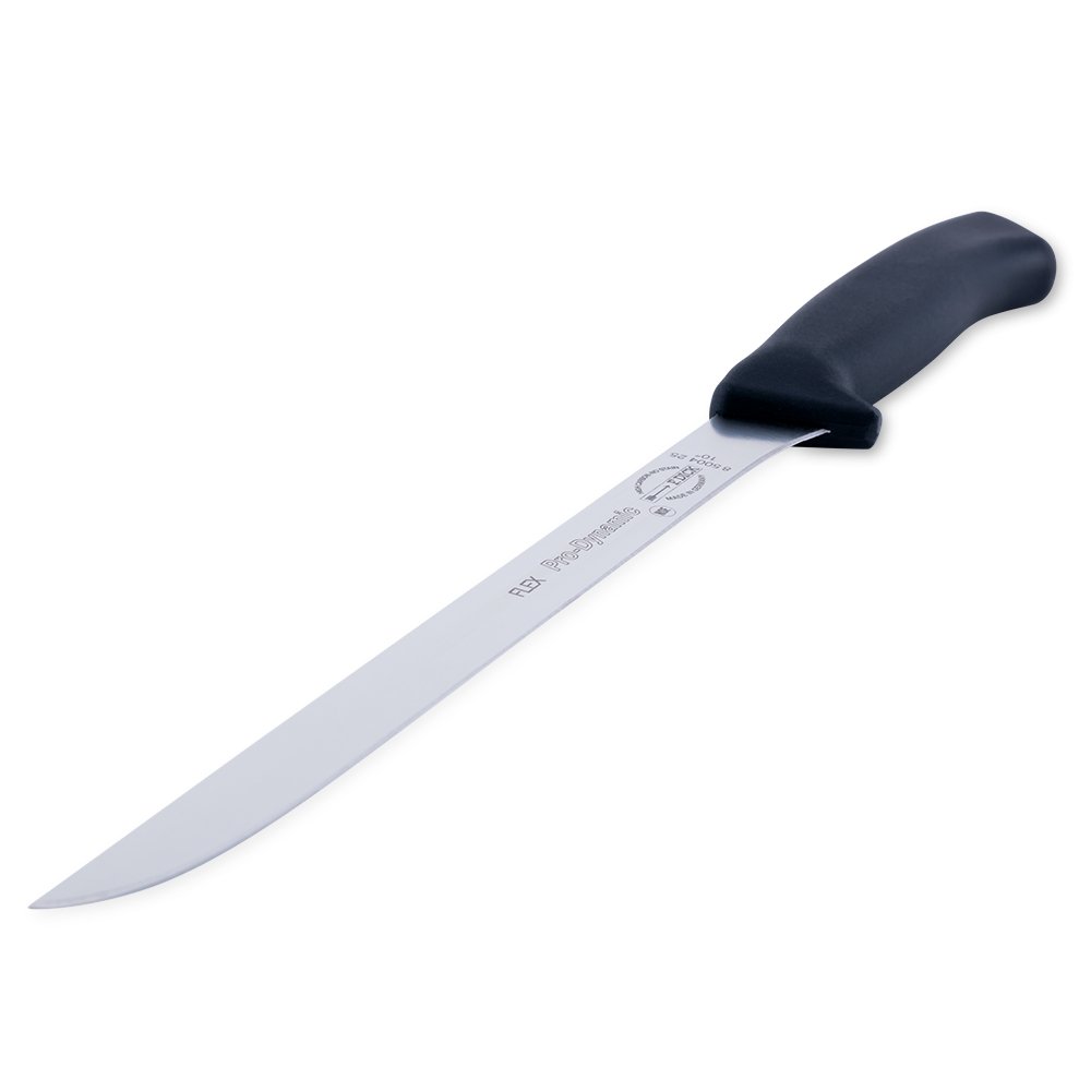 Close-up image of the F. Dick 10" Pro-Dynamic Flexible Ham Knife. The knife features a long, flexible high-carbon stainless steel blade designed for precise slicing of large BBQ meats like ham, pork roast, and brisket. It has a solid plastic handle for comfortable grip and control. Displayed on a plain white background, highlighting its professional quality and design.