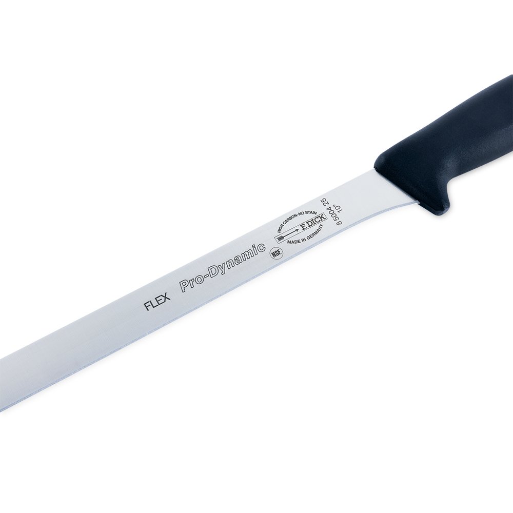 Close-up image of the F. Dick 10" Pro-Dynamic Flexible Ham Knife. The knife features a long, flexible high-carbon stainless steel blade designed for precise slicing of large BBQ meats like ham, pork roast, and brisket. It has a solid plastic handle for comfortable grip and control. Displayed on a plain white background, highlighting its professional quality and design.