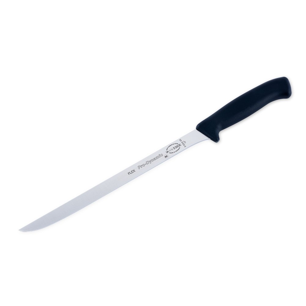 Close-up image of the F. Dick 10" Pro-Dynamic Flexible Ham Knife. The knife features a long, flexible high-carbon stainless steel blade designed for precise slicing of large BBQ meats like ham, pork roast, and brisket. It has a solid plastic handle for comfortable grip and control. Displayed on a plain white background, highlighting its professional quality and design.