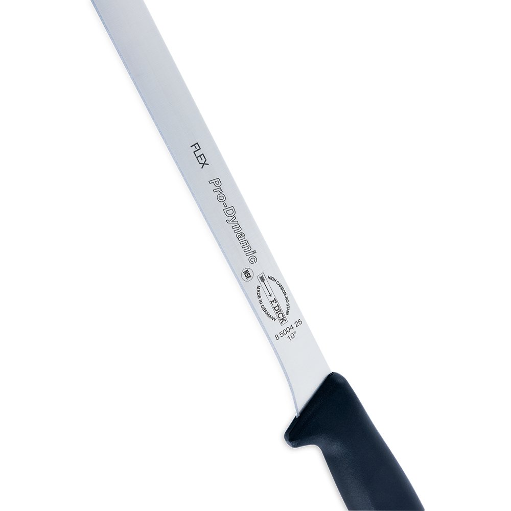 Close-up image of the F. Dick 10" Pro-Dynamic Flexible Ham Knife. The knife features a long, flexible high-carbon stainless steel blade designed for precise slicing of large BBQ meats like ham, pork roast, and brisket. It has a solid plastic handle for comfortable grip and control. Displayed on a plain white background, highlighting its professional quality and design.