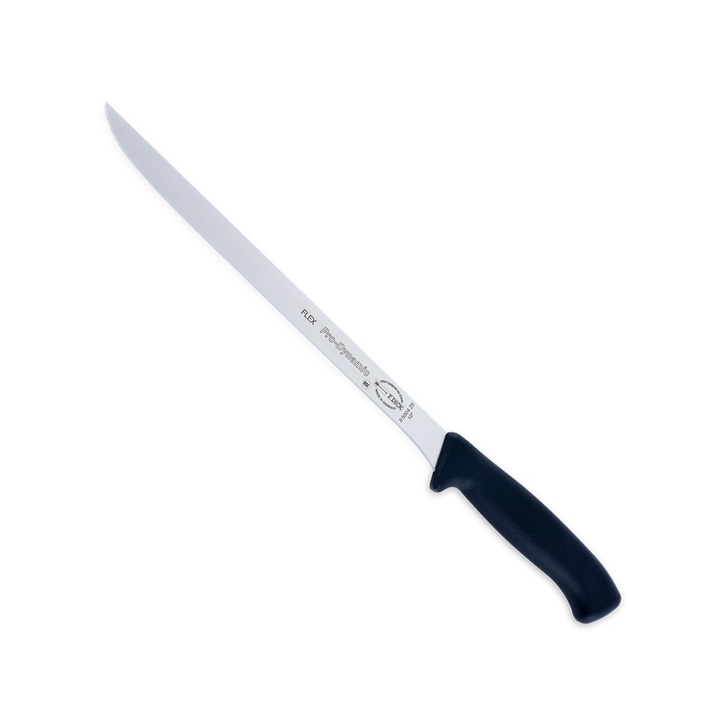 Close-up image of the F. Dick 10" Pro-Dynamic Flexible Ham Knife. The knife features a long, flexible high-carbon stainless steel blade designed for precise slicing of large BBQ meats like ham, pork roast, and brisket. It has a solid plastic handle for comfortable grip and control. Displayed on a plain white background, highlighting its professional quality and design.