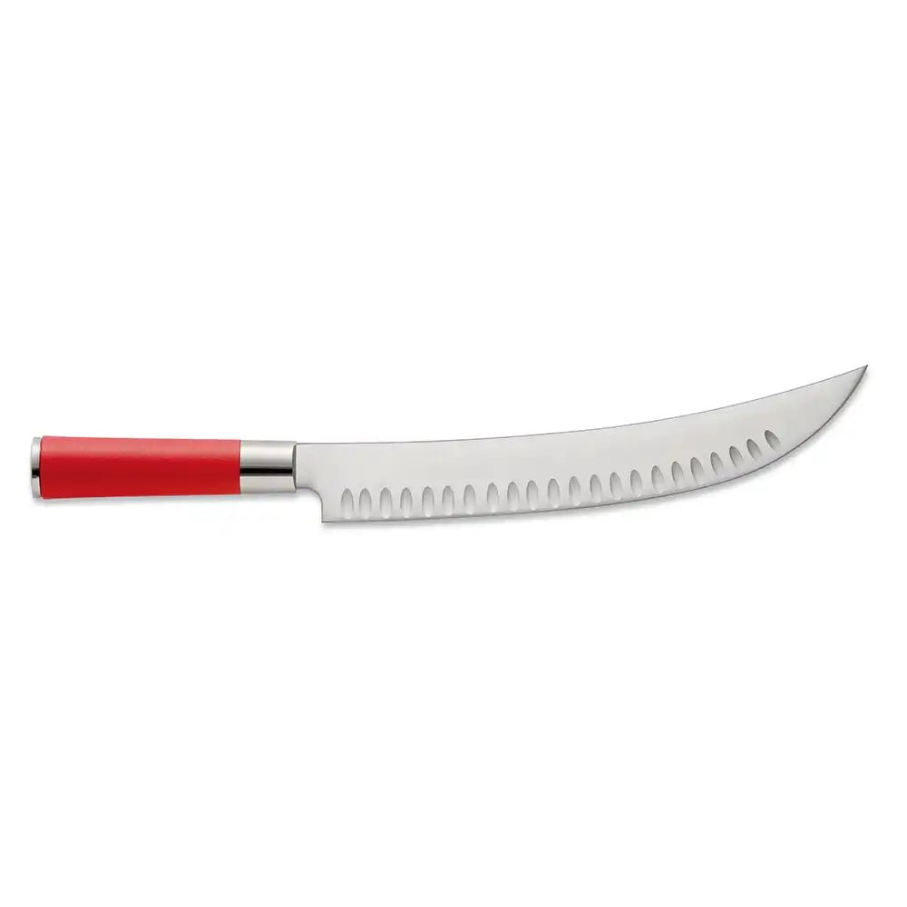Long carving knife with curved blade, oval cutouts, and red handle against a white background.