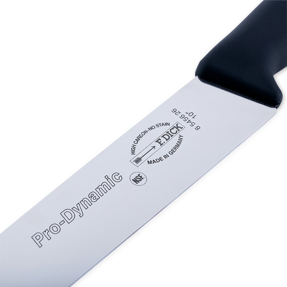 Close-up image of the F. Dick Slicing Knife. The knife features a long, high-carbon stainless steel blade designed for precise slicing. It has an ergonomic handle for comfortable use. Displayed on a plain white background, highlighting its sharpness and professional quality.