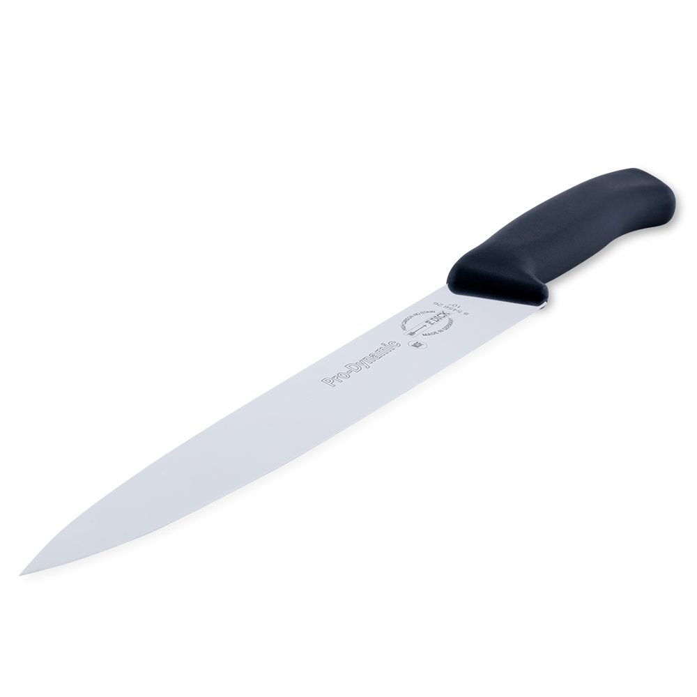 Close-up image of the F. Dick Slicing Knife. The knife features a long, high-carbon stainless steel blade designed for precise slicing. It has an ergonomic handle for comfortable use. Displayed on a plain white background, highlighting its sharpness and professional quality.