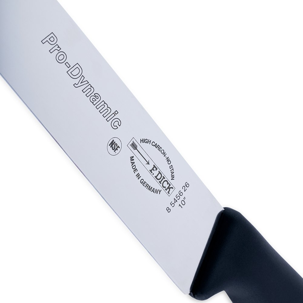 Close-up image of the 10" F. Dick Slicing Knife. The knife features a long, high-carbon stainless steel blade designed for precise slicing. It has an ergonomic handle for comfortable use. Displayed on a plain white background, highlighting its sharpness and professional quality.