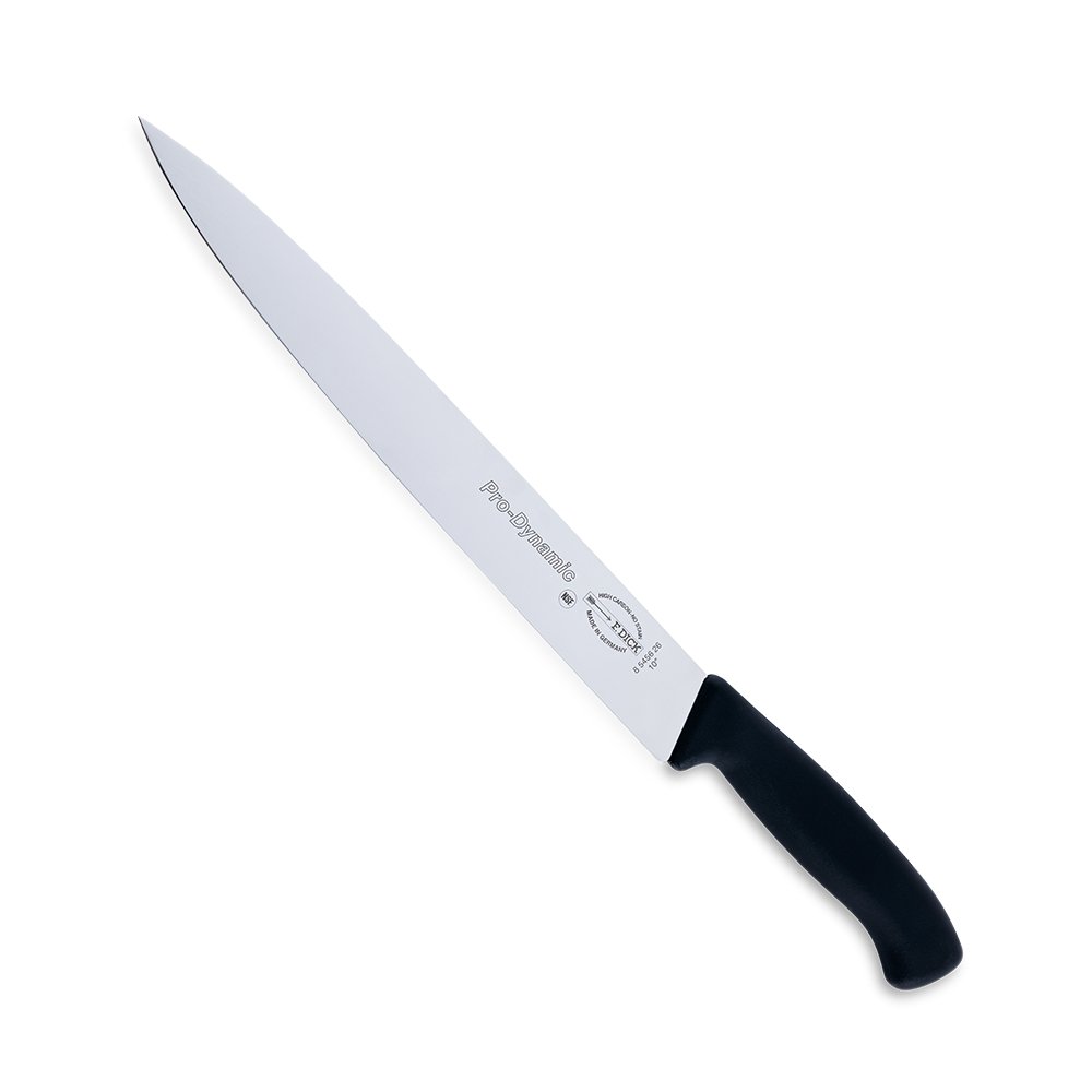 Close-up image of the F. Dick Slicing Knife. The knife features a long, high-carbon stainless steel blade designed for precise slicing. It has an ergonomic handle for comfortable use. Displayed on a plain white background, highlighting its sharpness and professional quality.