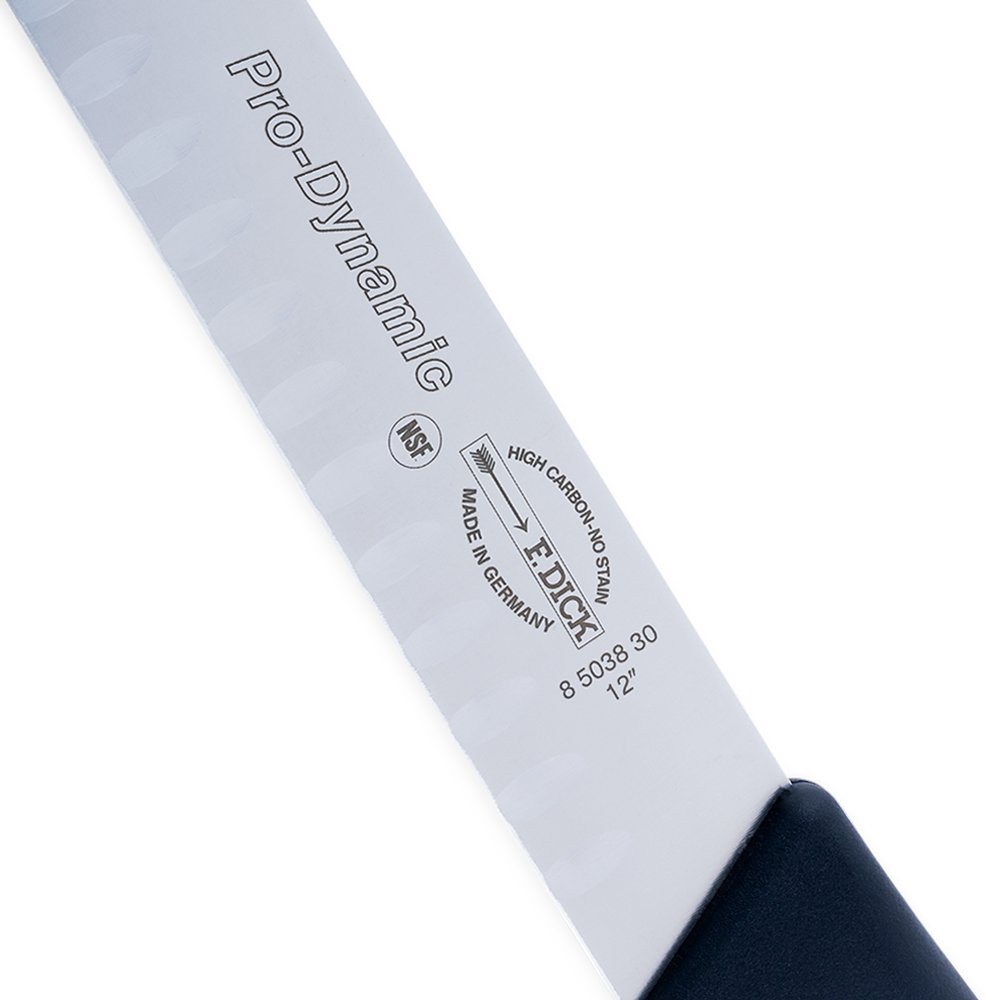 Close up of the F. Dick 12-inch Seamless Hollow Ground Slicer from the ProDynamic series, featuring a long, slender blade designed for precision slicing. The handle is ergonomically designed for a comfortable grip, ideal for professional chefs and culinary enthusiasts.