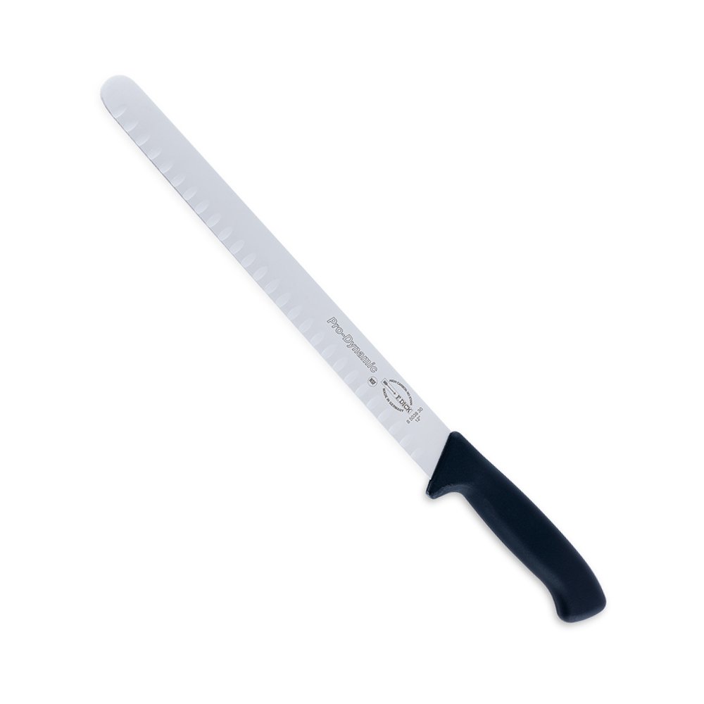 F. Dick 12-inch Seamless Hollow Ground Slicer from the ProDynamic series, featuring a long, slender blade designed for precision slicing. The handle is ergonomically designed for a comfortable grip, ideal for professional chefs and culinary enthusiasts.