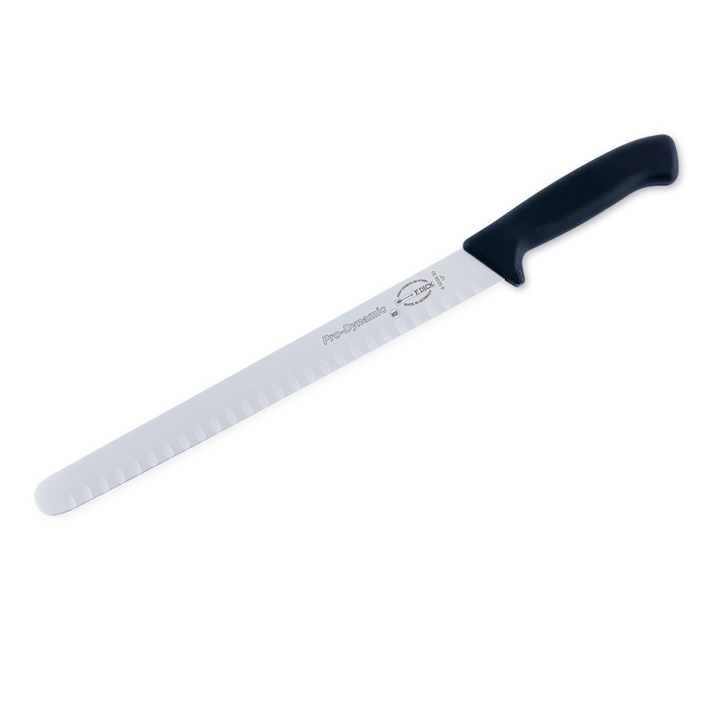 F. Dick 12-inch Seamless Hollow Ground Slicer from the ProDynamic series, featuring a long, slender blade designed for precision slicing. The handle is ergonomically designed for a comfortable grip, ideal for professional chefs and culinary enthusiasts.