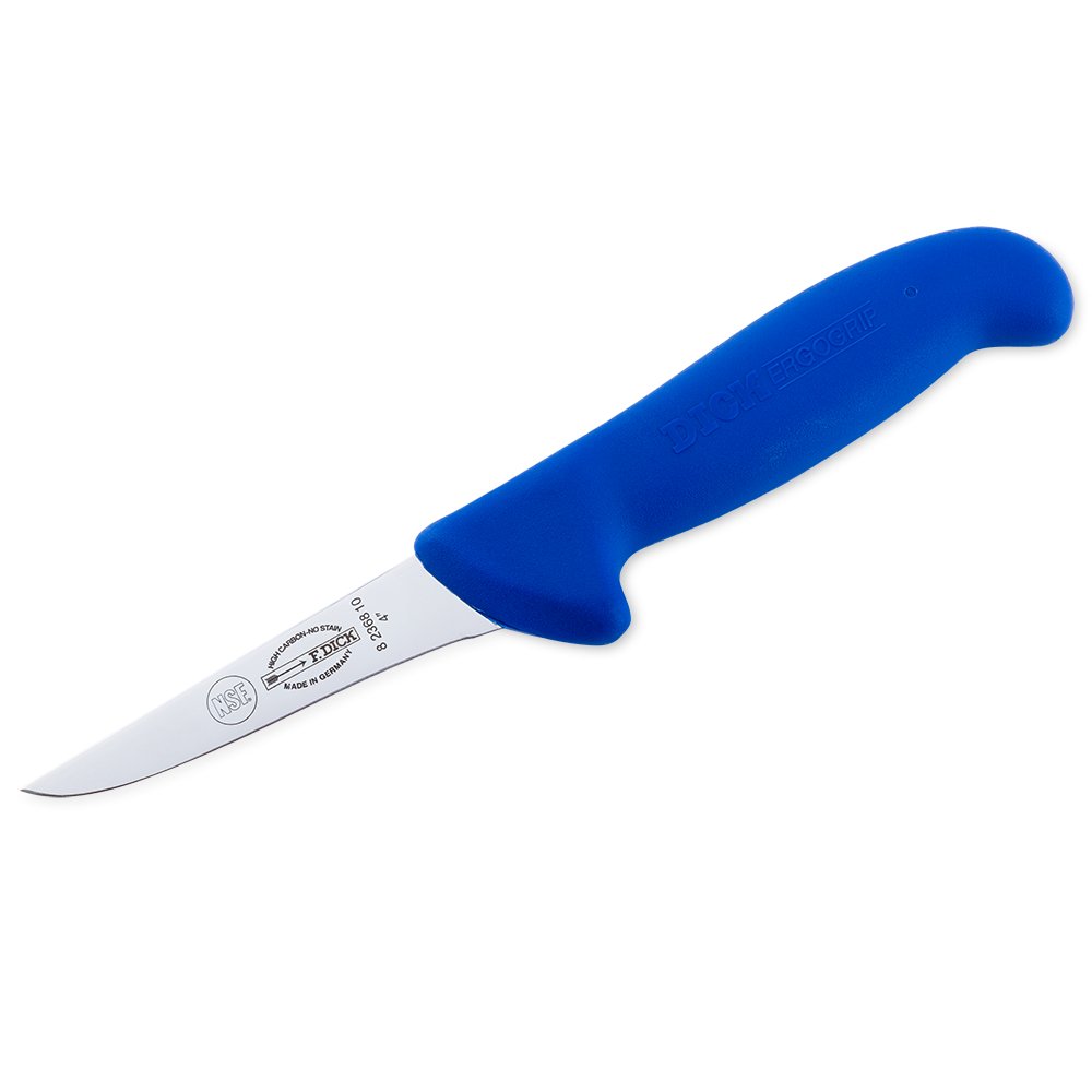 Close-up image of the F. Dick 4" Narrow Stiff Boning Knife - Ergogrip. The knife features a high-carbon stainless steel blade with a narrow, stiff design, ideal for precise boning tasks. It has a bright blue ergonomic handle for a comfortable and secure grip. Displayed on a plain white background, highlighting its sharpness and sturdy construction.