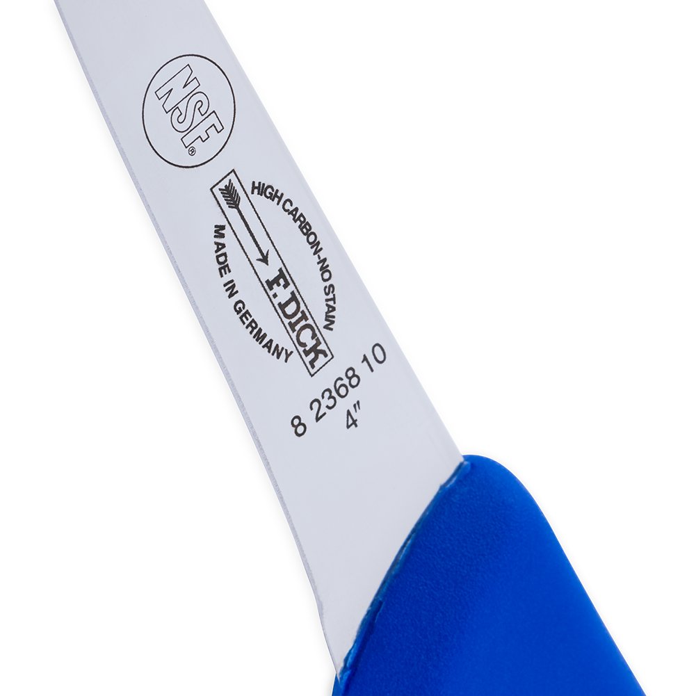 Close-up image of the F. Dick 4" Narrow Stiff Boning Knife - Ergogrip. The knife features a high-carbon stainless steel blade with a narrow, stiff design, ideal for precise boning tasks. It has a bright blue ergonomic handle for a comfortable and secure grip. Displayed on a plain white background, highlighting its sharpness and sturdy construction.