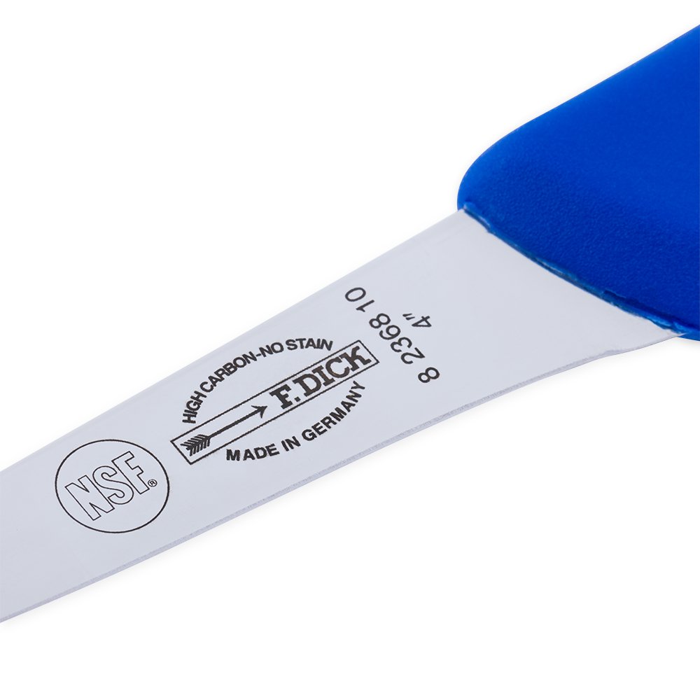 Close-up image of the F. Dick 4" Narrow Stiff Boning Knife - Ergogrip. The knife features a high-carbon stainless steel blade with a narrow, stiff design, ideal for precise boning tasks. It has a bright blue ergonomic handle for a comfortable and secure grip. Displayed on a plain white background, highlighting its sharpness and sturdy construction.