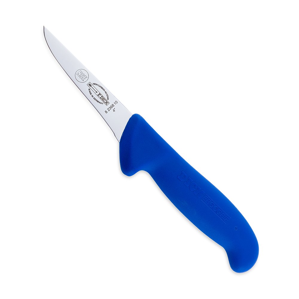 Close-up image of the F. Dick 4" Narrow Stiff Boning Knife - Ergogrip. The knife features a high-carbon stainless steel blade with a narrow, stiff design, ideal for precise boning tasks. It has a bright blue ergonomic handle for a comfortable and secure grip. Displayed on a plain white background, highlighting its sharpness and sturdy construction.