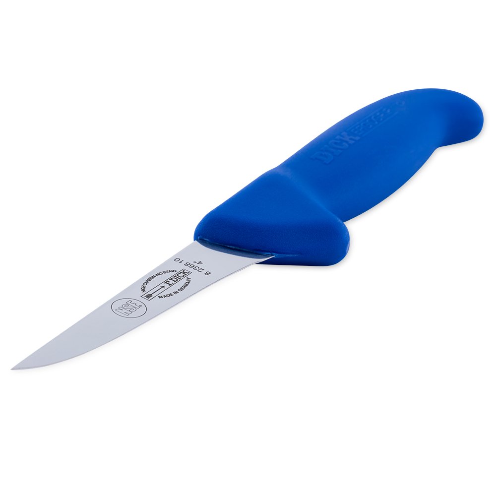 Close-up image of the F. Dick 4" Narrow Stiff Boning Knife - Ergogrip. The knife features a high-carbon stainless steel blade with a narrow, stiff design, ideal for precise boning tasks. It has a bright blue ergonomic handle for a comfortable and secure grip. Displayed on a plain white background, highlighting its sharpness and sturdy construction.