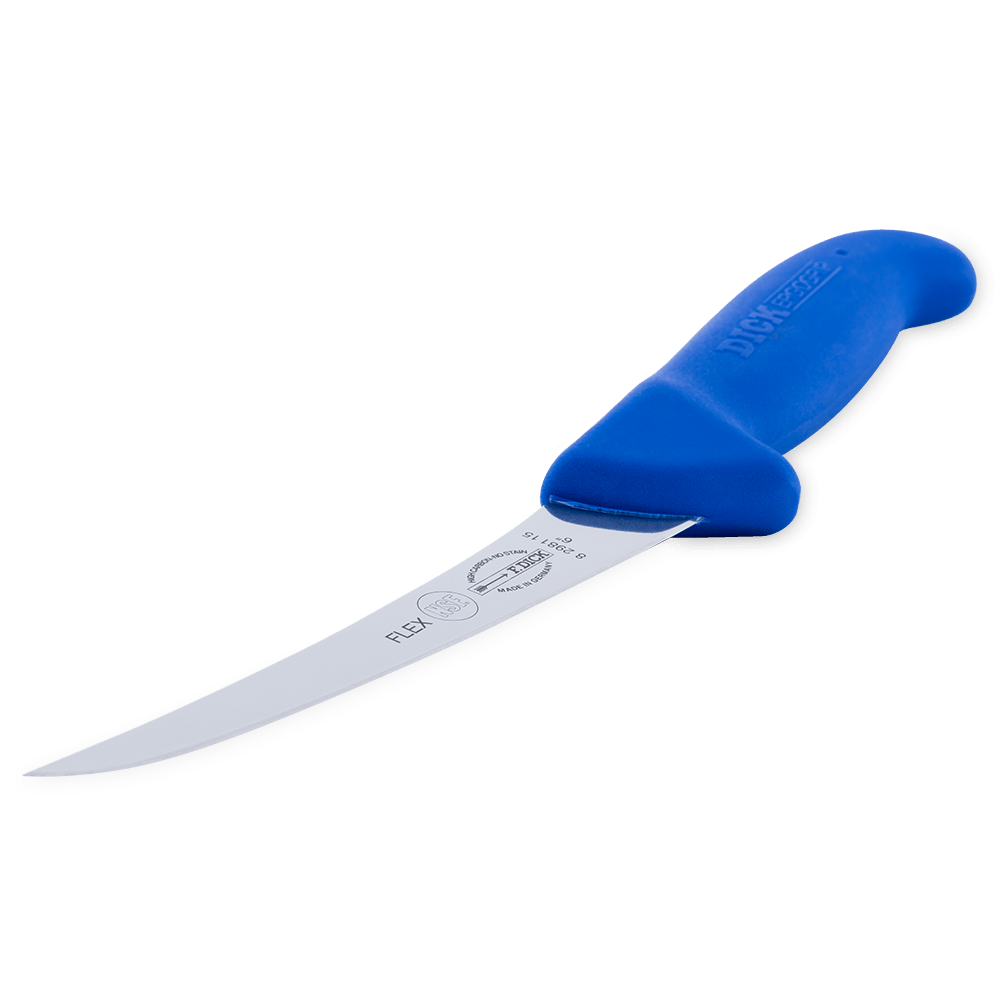 A curved boning knife with a blue ergonomic handle and stainless steel blade.