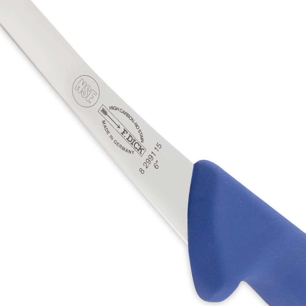 Close up of the 6-inch stiff boning knife with a sturdy handle, ideal for precise meat trimming and deboning tasks. High carbon and no stain technology made in Germany