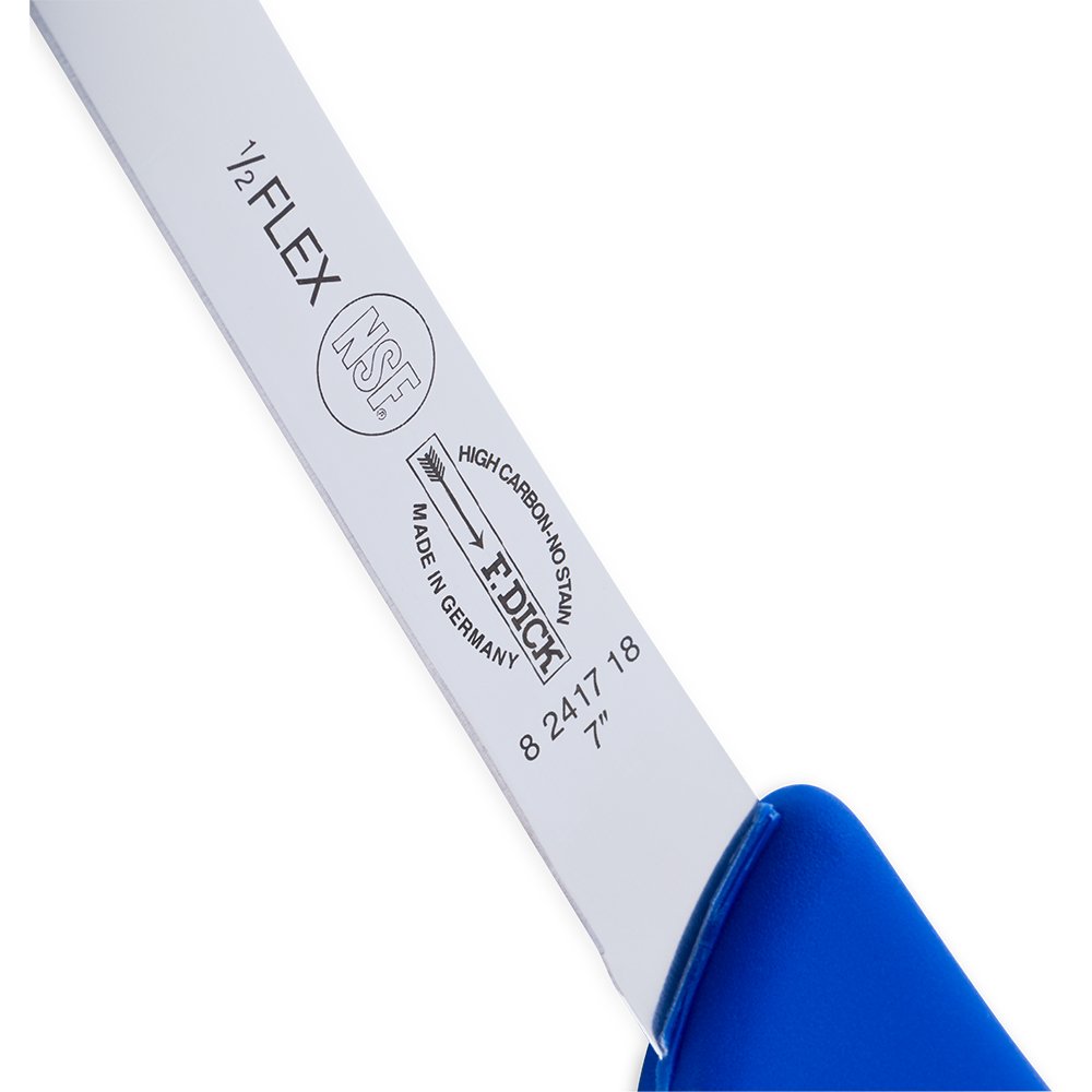 Close-up of an F. Dick 7-inch Flex Fish Fillet Knife with Ergogrip handle, showcasing its flexible blade and ergonomic design for precision filleting.