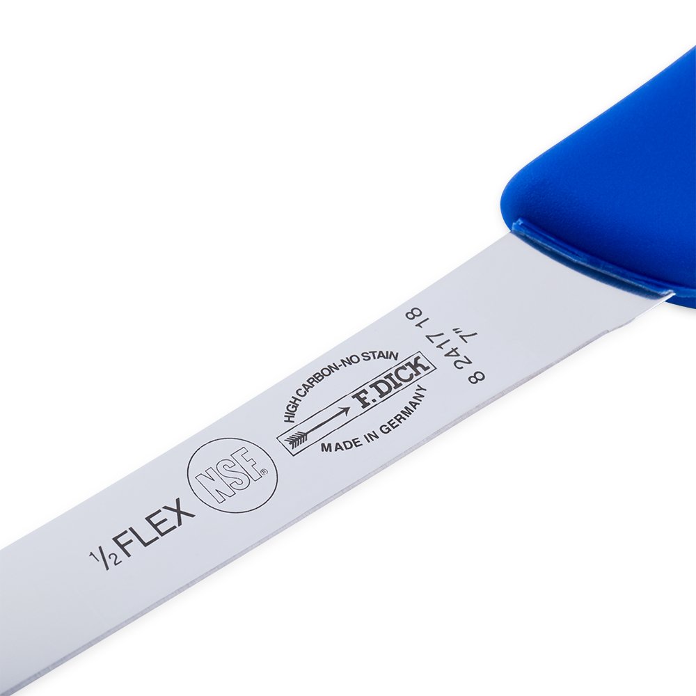 Close-up of an F. Dick 7-inch Flex Fish Fillet Knife with Ergogrip handle, showcasing its flexible blade and ergonomic design for precision filleting.