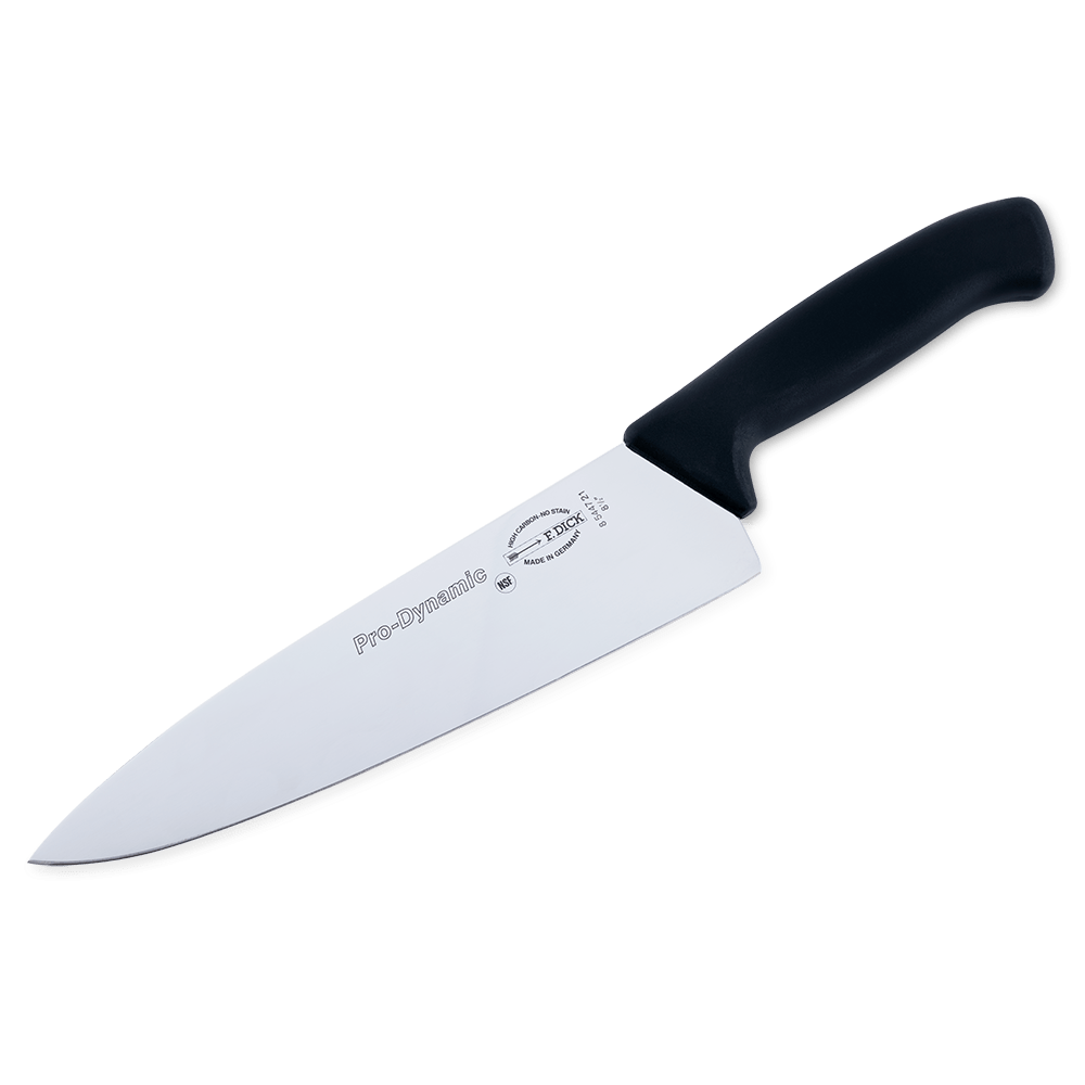 A chef’s knife with a black handle and stainless steel blade, labeled "Pro-Dynamic."