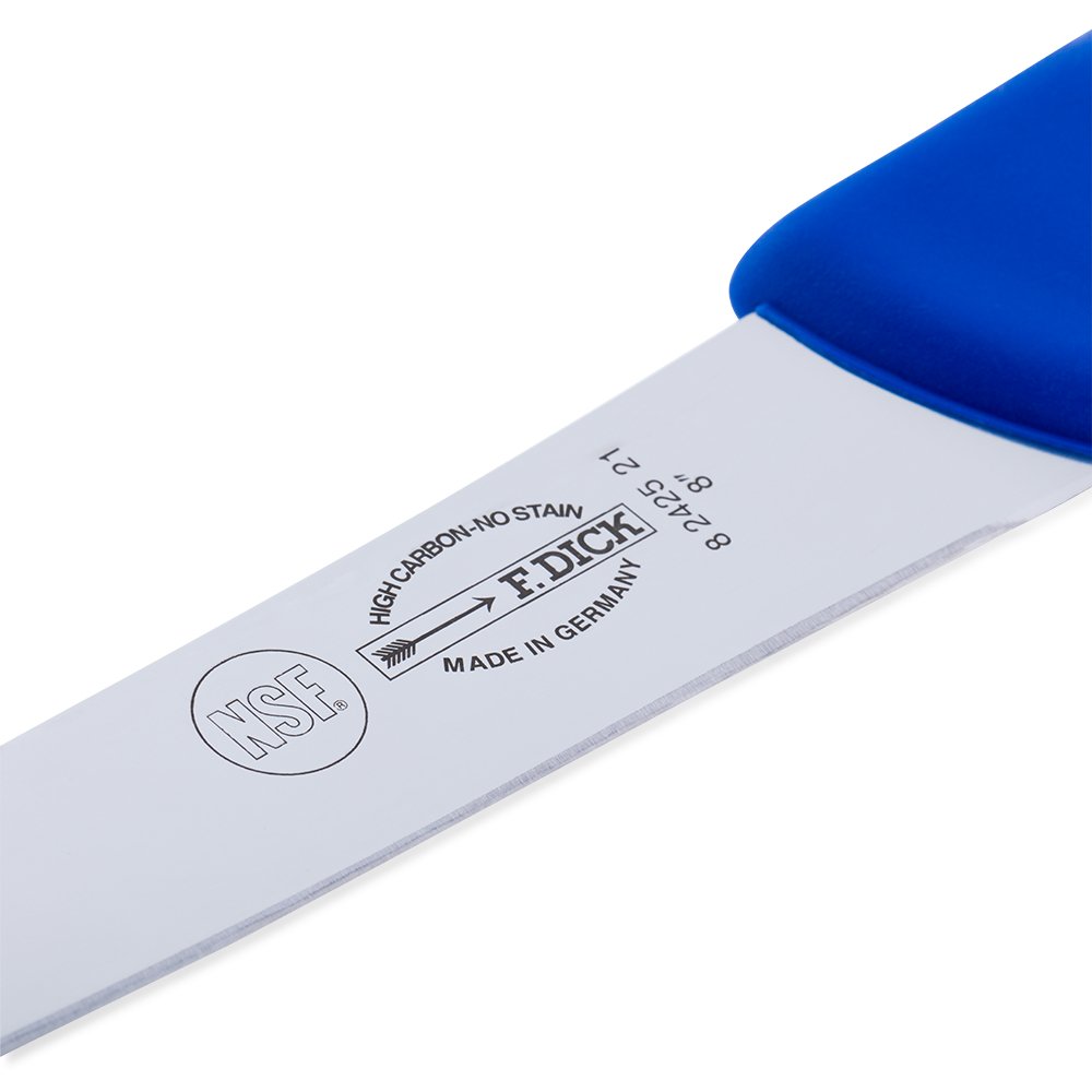 Close-up image of the F. Dick 8" Breaking Knife - Ergogrip. The knife features a robust, high-carbon stainless steel blade and a bright blue ergonomic handle designed for comfortable and secure grip. The image highlights the knife's sharp, curved blade and sturdy construction, ideal for breaking down large cuts of meat. Displayed on a plain white background.