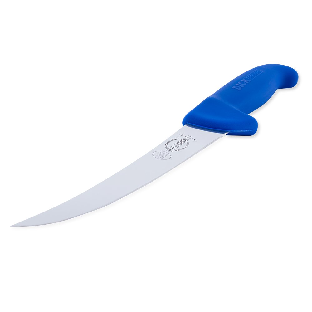 Close-up image of the F. Dick 8" Breaking Knife - Ergogrip. The knife features a robust, high-carbon stainless steel blade and a bright blue ergonomic handle designed for comfortable and secure grip. The image highlights the knife's sharp, curved blade and sturdy construction, ideal for breaking down large cuts of meat. Displayed on a plain white background.