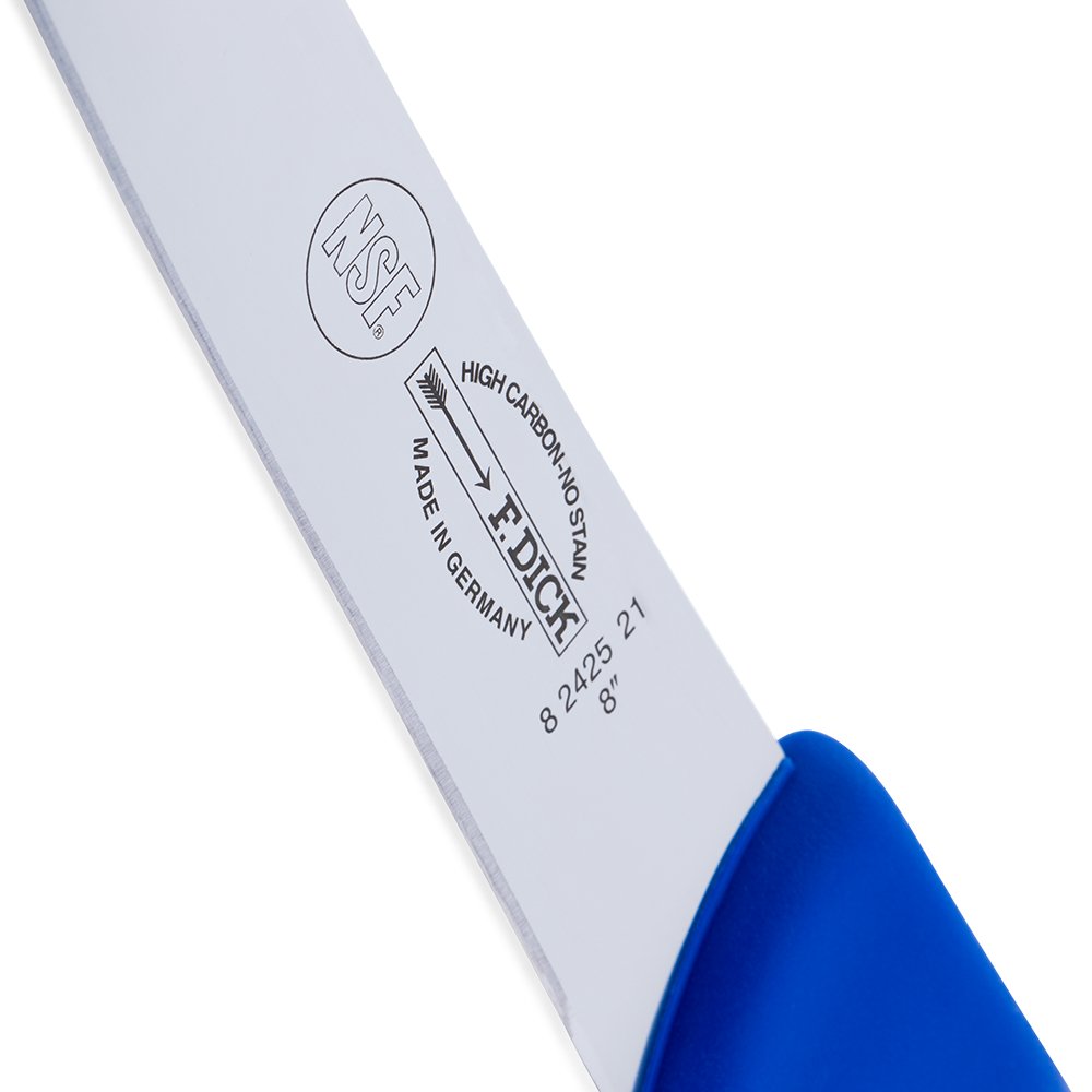 Close-up image of the F. Dick 8" Breaking Knife - Ergogrip. The knife features a robust, high-carbon stainless steel blade and a bright blue ergonomic handle designed for comfortable and secure grip. The image highlights the knife's sharp, curved blade and sturdy construction, ideal for breaking down large cuts of meat. Displayed on a plain white background.