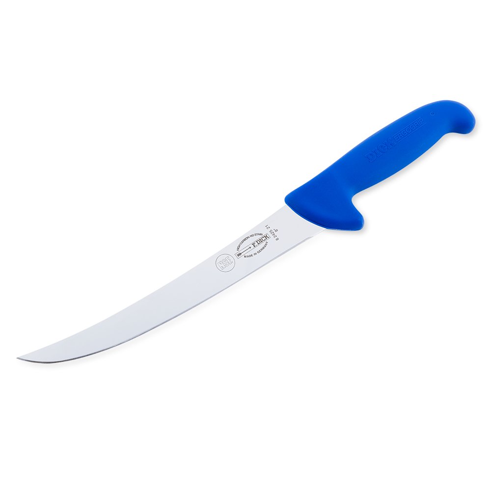 Close-up image of the F. Dick 8" Breaking Knife - Ergogrip. The knife features a robust, high-carbon stainless steel blade and a bright blue ergonomic handle designed for comfortable and secure grip. The image highlights the knife's sharp, curved blade and sturdy construction, ideal for breaking down large cuts of meat. Displayed on a plain white background.