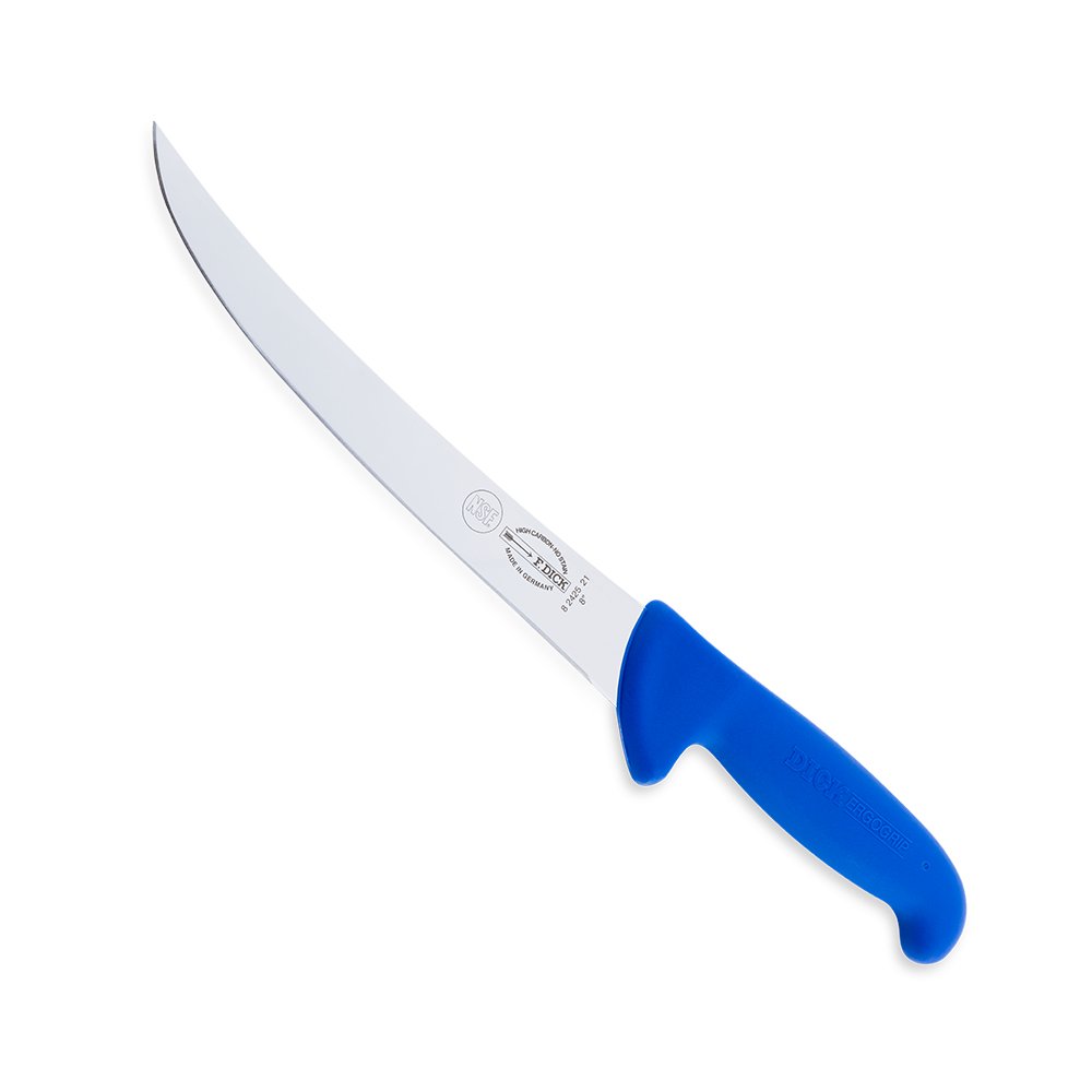 Close-up image of the F. Dick 8" Breaking Knife - Ergogrip. The knife features a robust, high-carbon stainless steel blade and a bright blue ergonomic handle designed for comfortable and secure grip. The image highlights the knife's sharp, curved blade and sturdy construction, ideal for breaking down large cuts of meat. Displayed on a plain white background.