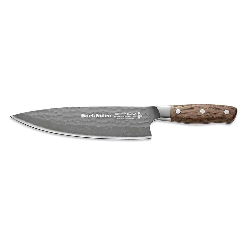 A DarkNitro chef's knife with a hammered blade finish, featuring a wooden handle with three rivets, is displayed horizontally against a white background, showcasing the brand's logo and details on the blade.