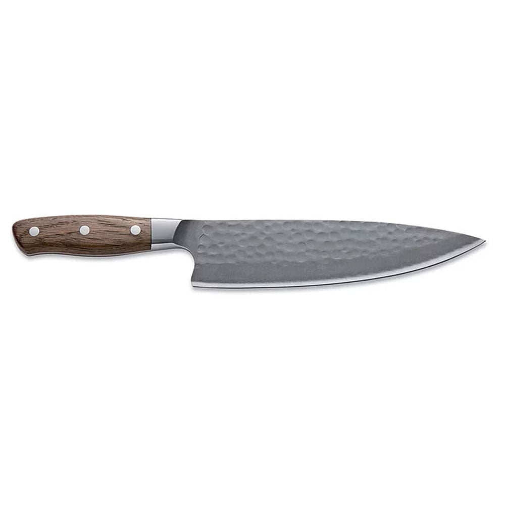 A DarkNitro chef's knife with a hammered blade finish, featuring a wooden handle with three rivets, is shown against a white background.