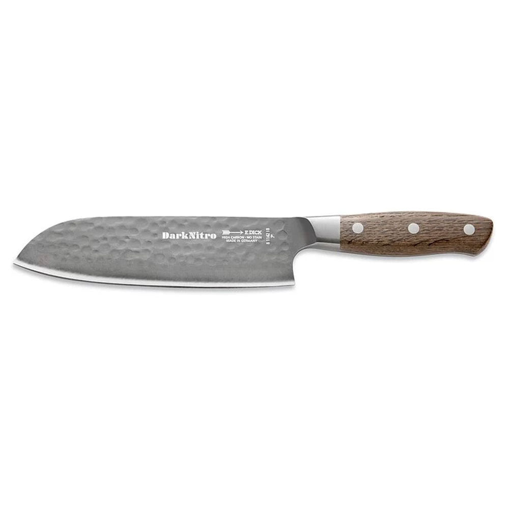 A DarkNitro Santoku knife with a hammered blade finish, featuring a wooden handle with three rivets, is displayed horizontally against a white background, showcasing the brand's logo and details on the blade.