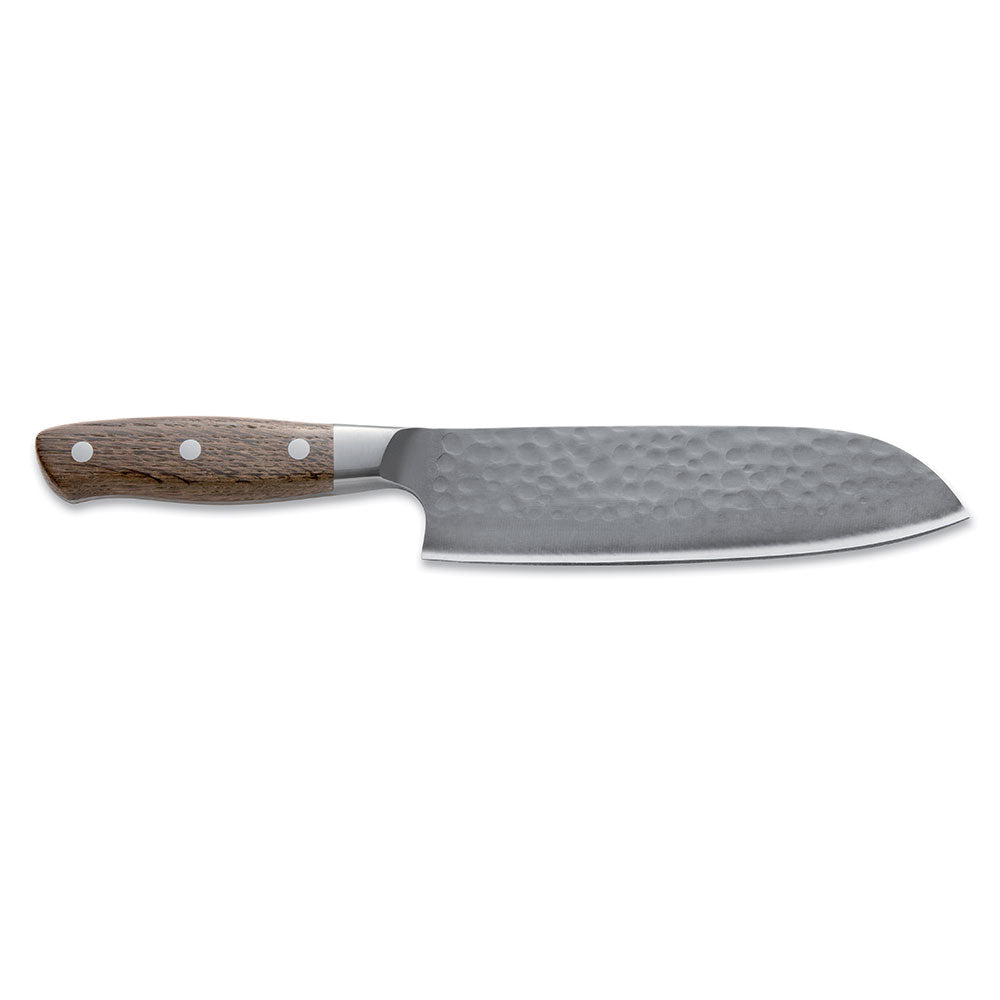 A DarkNitro Santoku knife with a hammered blade finish, featuring a wooden handle with three rivets, is shown against a white background.