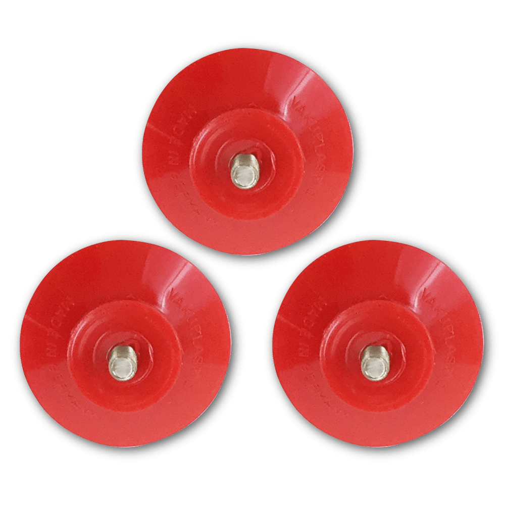 Three red suction cups with metal attachments displayed on a green background.