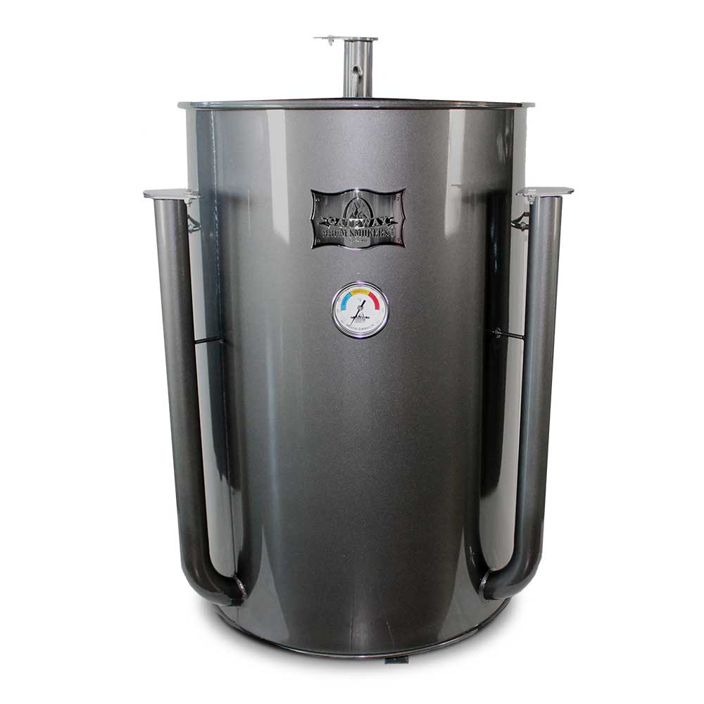 Charcoal glossy vertical smoker with temperature gauge and 'Gateway Drum Smokers' logo.