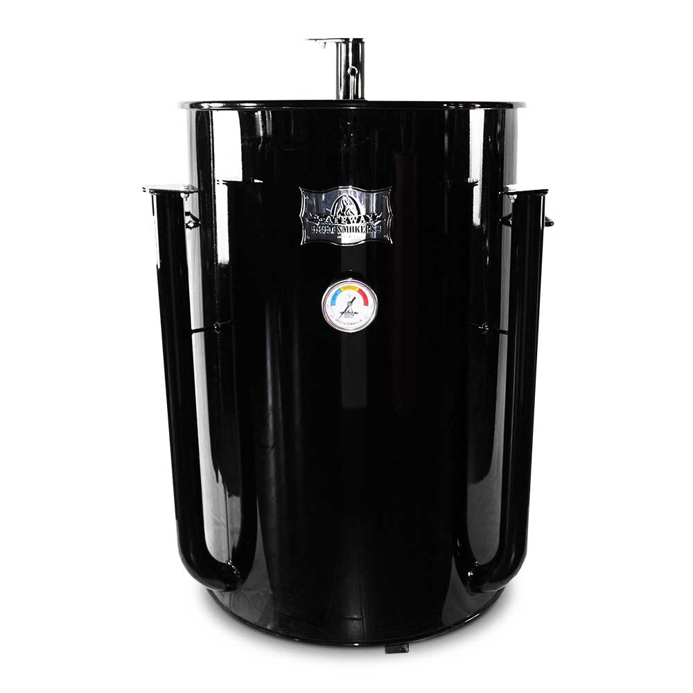 Black glossy vertical smoker with temperature gauge and 'Gateway Drum Smokers' logo.